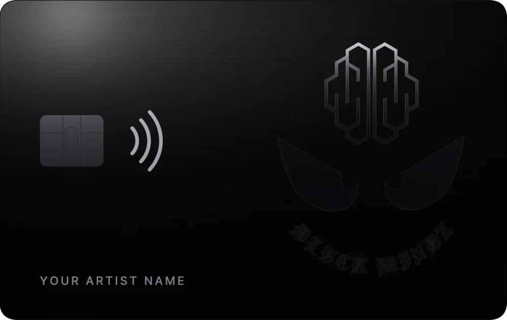 Black brushed-metal BLVCK MINDZ card with the embossed logo