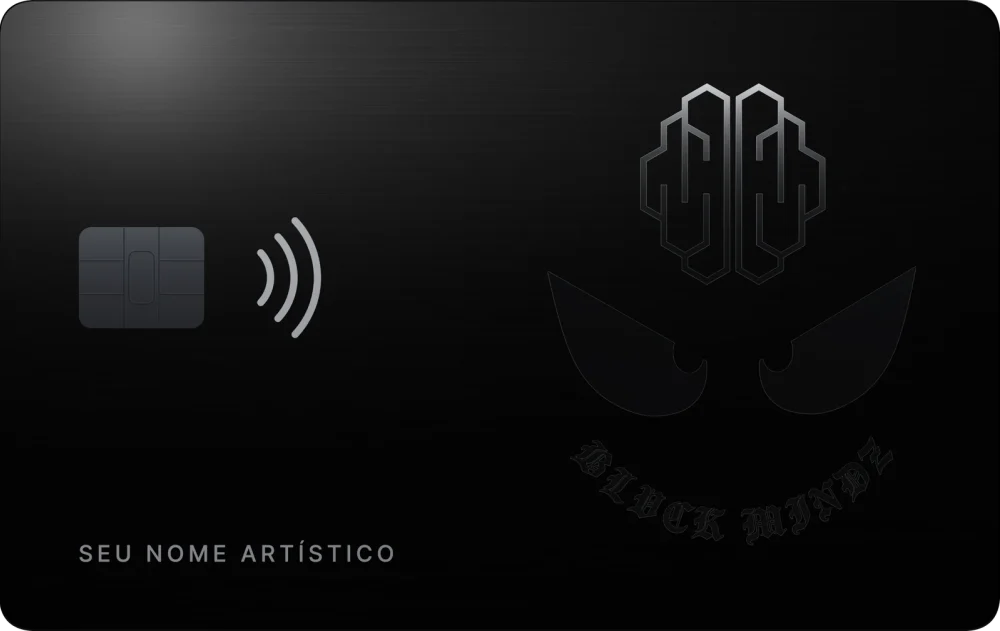 Cartão BLVCK MINDZ preto, de metal escovado, com o logo em relevo