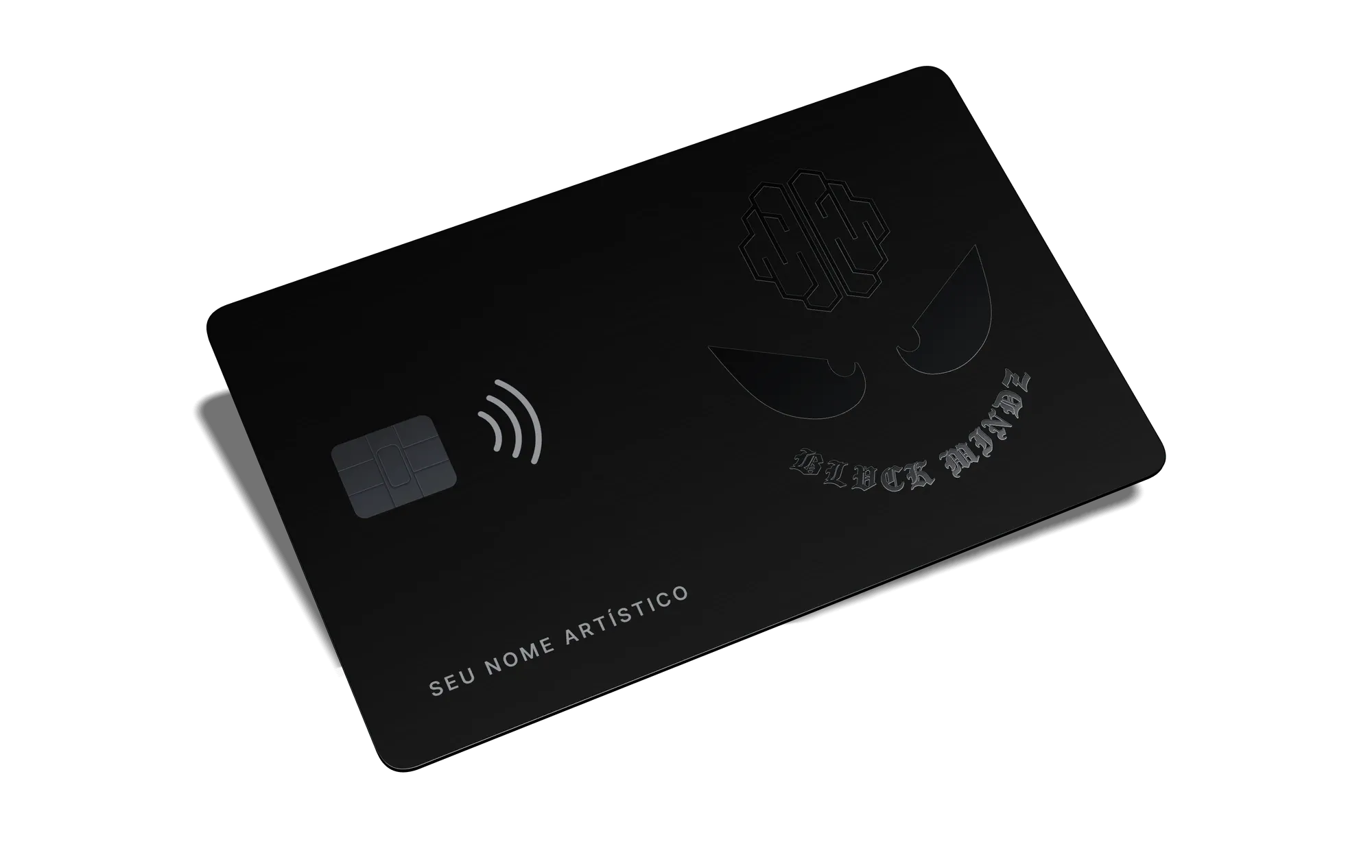 Cartão BLVCK MINDZ preto, de metal escovado, com o logo gravado