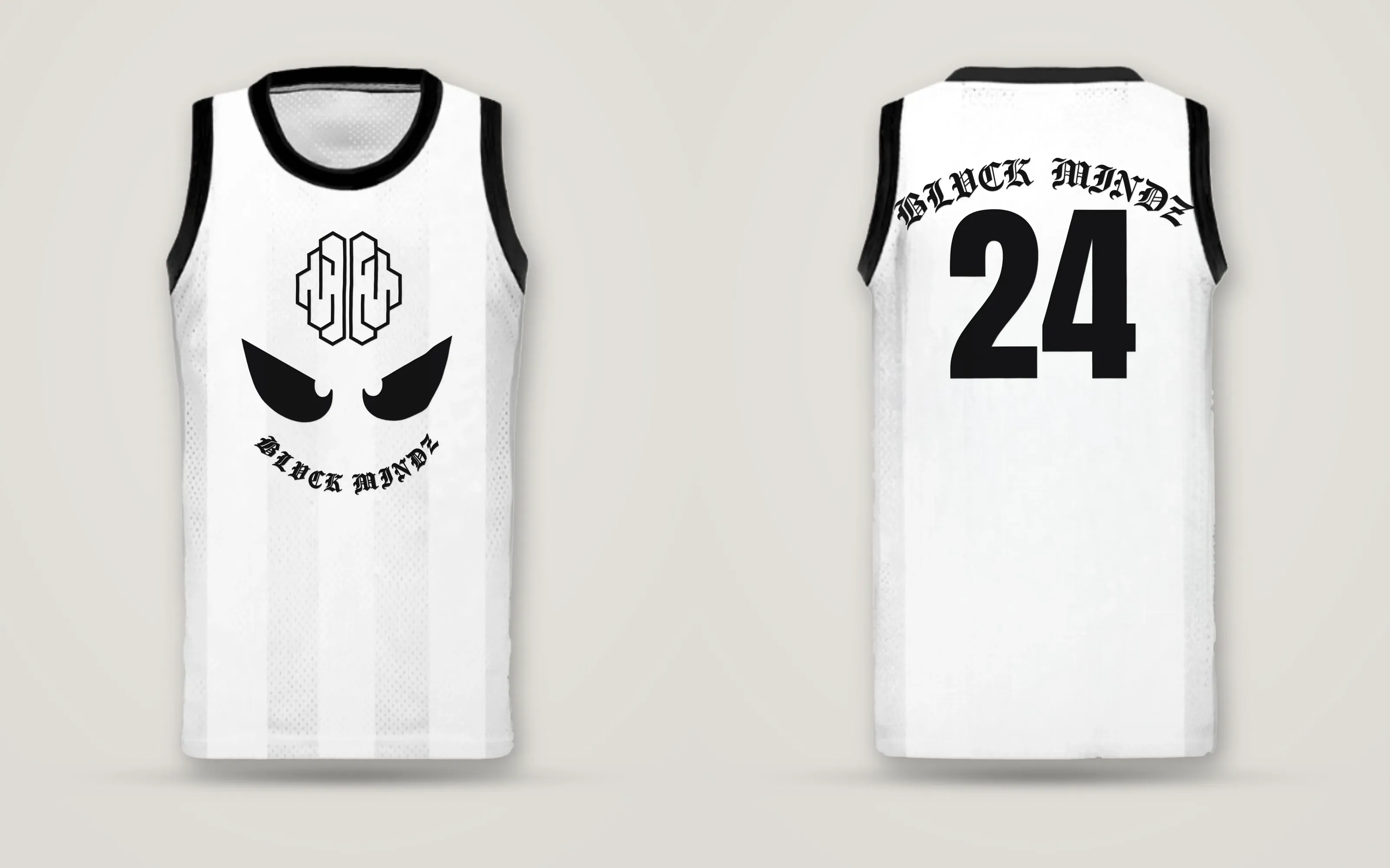 Regata NBA · branca BLVCK MINDZ, Friso preto e plastisol preto, no mesmo layout.