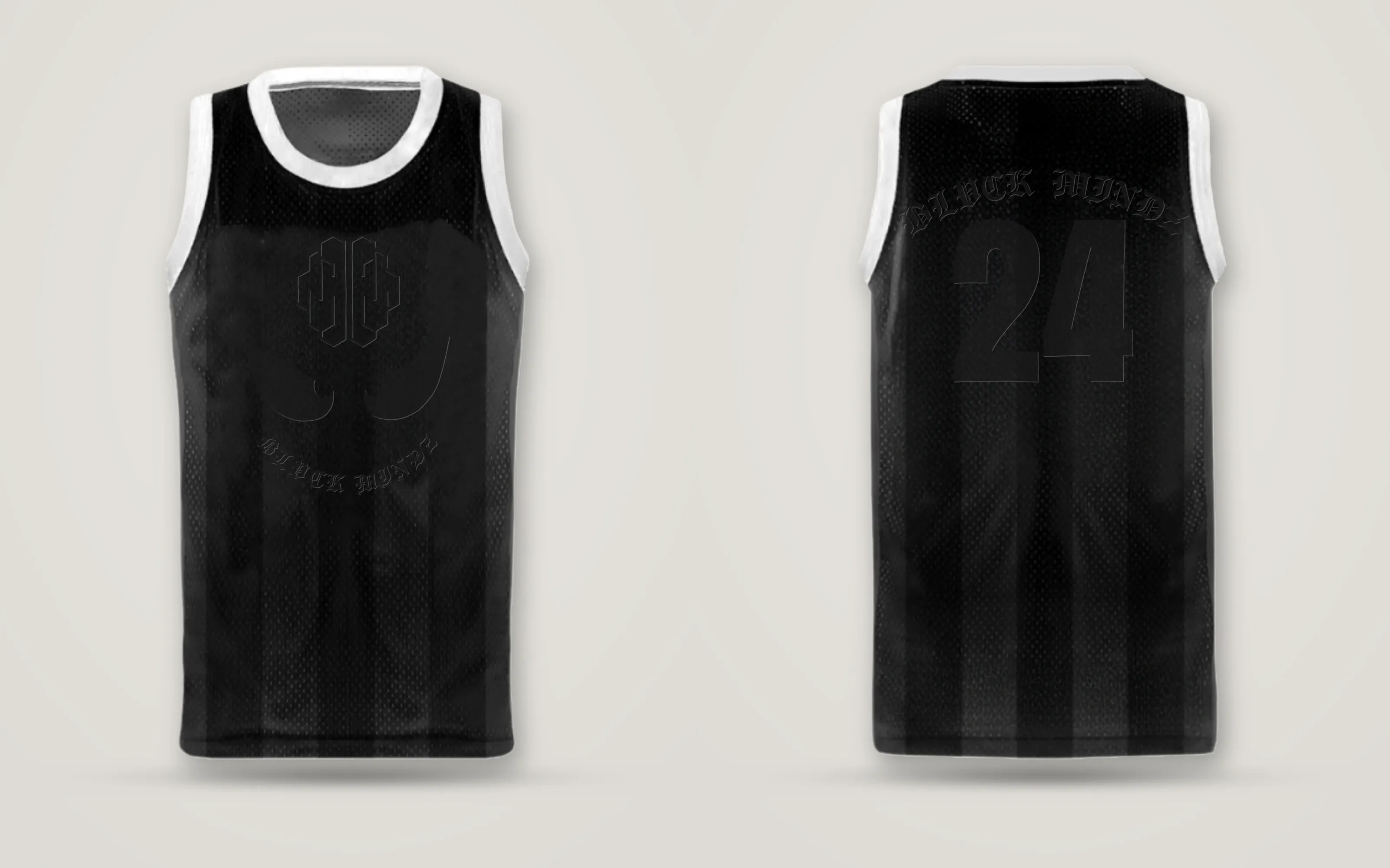 Regata NBA · preta all black BLVCK MINDZ, A mesma regata em HD preto sobre preto: a marca e o 24 aparecem pelo acetinado e pela borda.