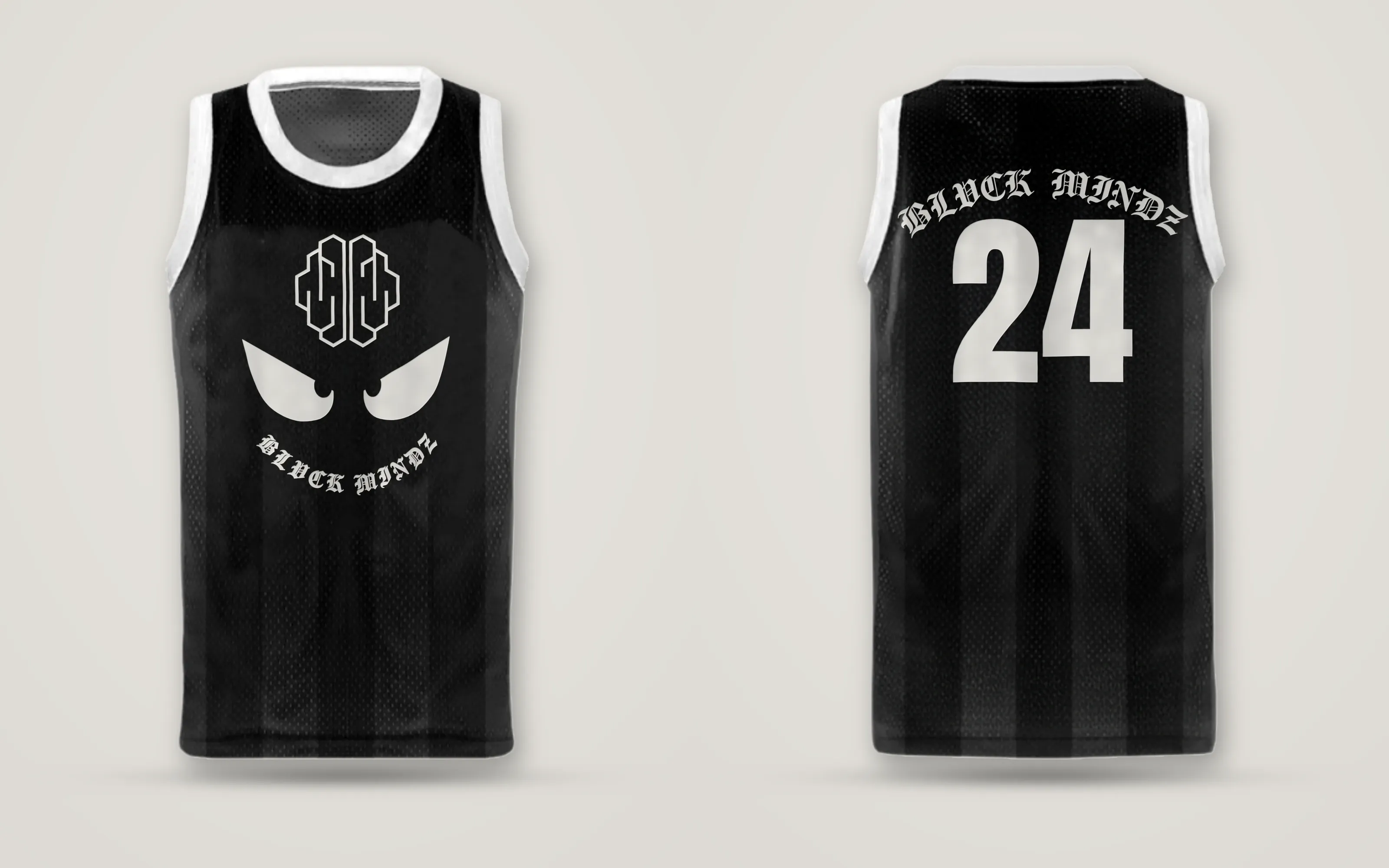 Regata NBA · preta BLVCK MINDZ, Malha de basquete, friso branco. Plastisol osso: marca de ~32 cm no peito; costas com o nome em arco e o 24.